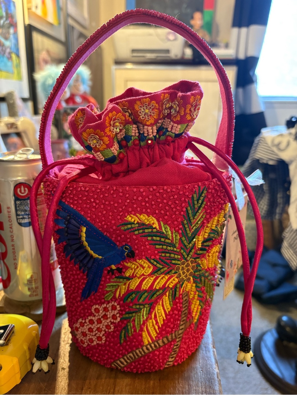 Hand-Embroidered Hot Pink Beaded Drawstring Mini Bag Viral Sloth Macaw Palm Tree